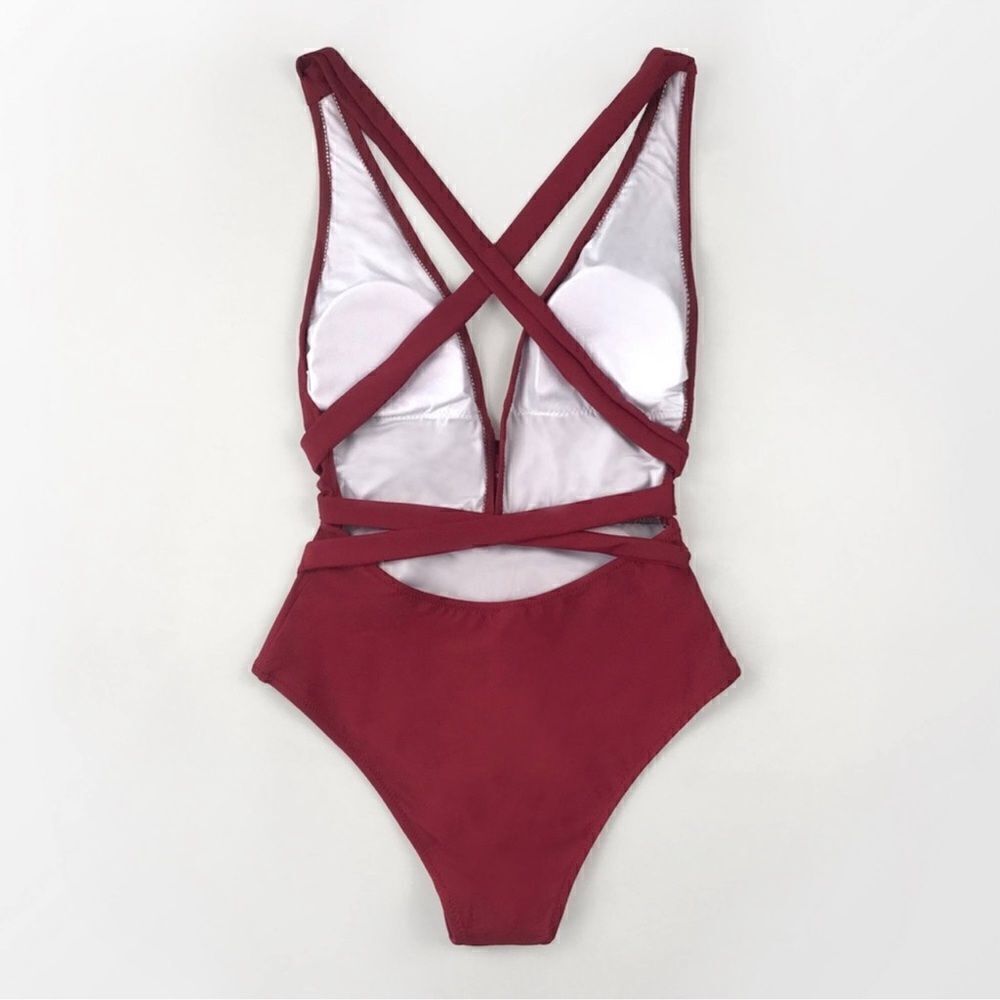 CUPSHE One Piece Swimsuit Deep V Neck Tie Waist Crisscross Back NEW Size Small - Picture 5 of 11